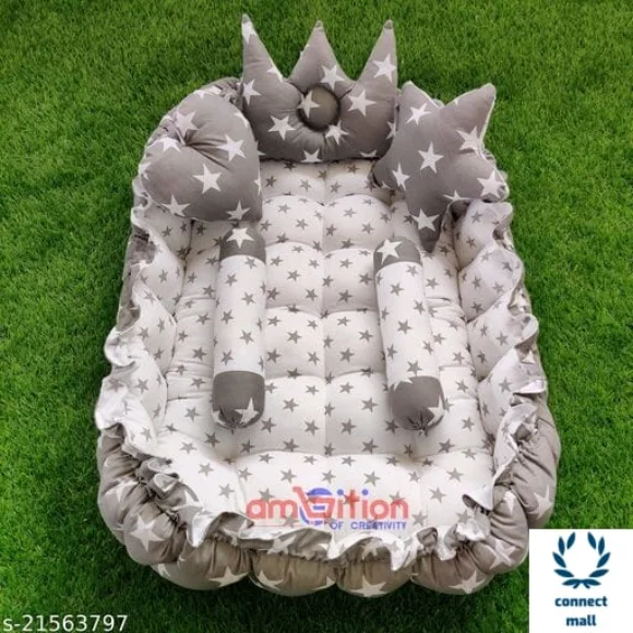 Pink Unique Newborn Baby Round Tub Bedding Set, Reversible Bed Set Cum Mattress with 3 Multi Shape Pillows for Newborn to Toddlers ( Blue& Sky Blue) - Free Size, Grey & White
